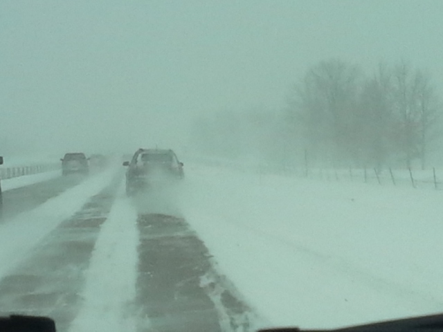 Driving into a blizzard.